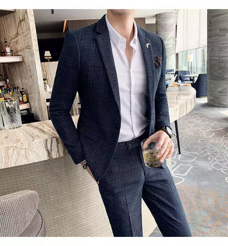 (Blazer + calças) high-end marca formal negócios xadrez terno dos homens noivo vestido de casamento cor sólida palco desempenho smoking S-7XL