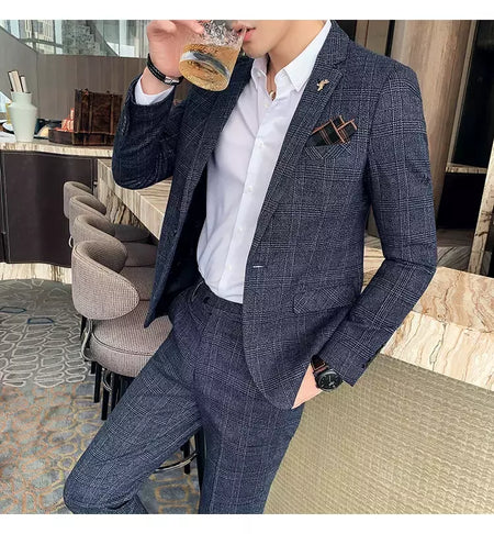 (Blazer + calças) high-end marca formal negócios xadrez terno dos homens noivo vestido de casamento cor sólida palco desempenho smoking S-7XL