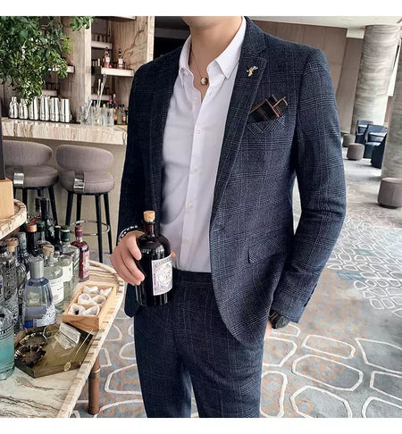 (Blazer + calças) high-end marca formal negócios xadrez terno dos homens noivo vestido de casamento cor sólida palco desempenho smoking S-7XL