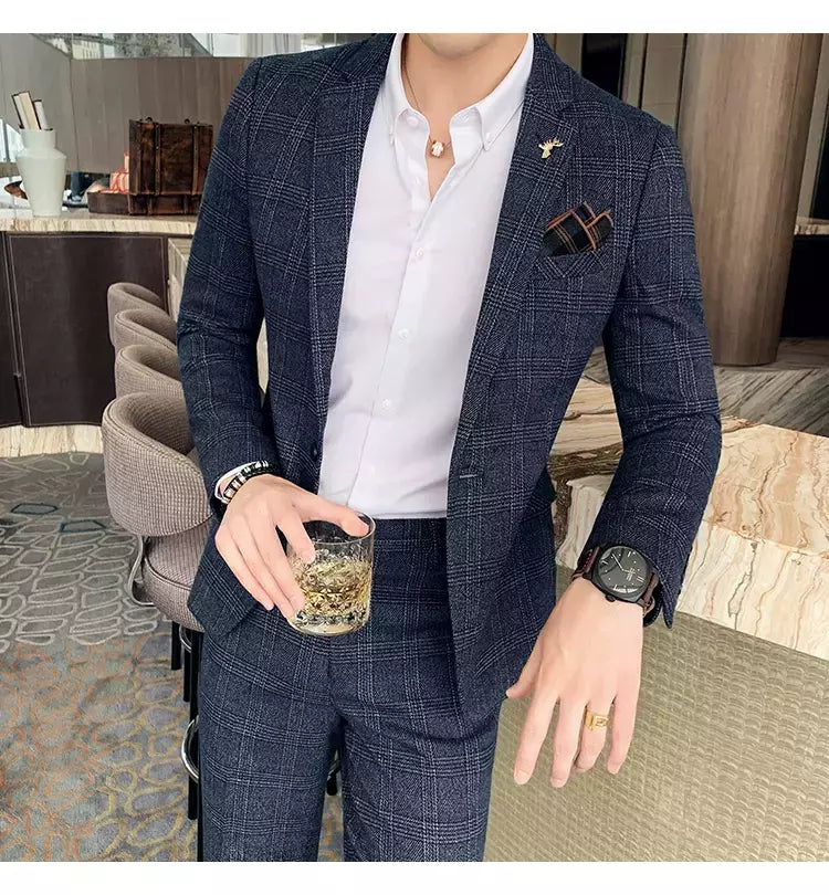 (Blazer + calças) high-end marca formal negócios xadrez terno dos homens noivo vestido de casamento cor sólida palco desempenho smoking S-7XL