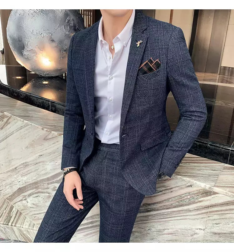 (Blazer + calças) high-end marca formal negócios xadrez terno dos homens noivo vestido de casamento cor sólida palco desempenho smoking S-7XL