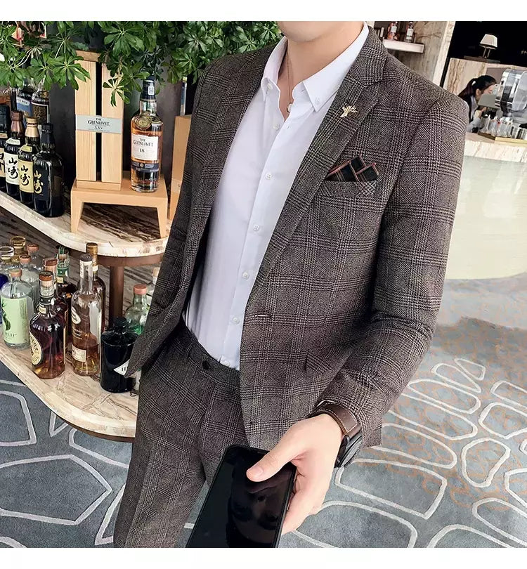 (Blazer + calças) high-end marca formal negócios xadrez terno dos homens noivo vestido de casamento cor sólida palco desempenho smoking S-7XL
