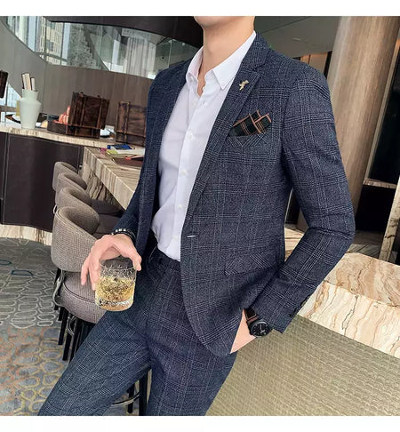 (Blazer + calças) high-end marca formal negócios xadrez terno dos homens noivo vestido de casamento cor sólida palco desempenho smoking S-7XL
