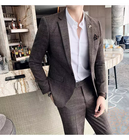 (Blazer + calças) high-end marca formal negócios xadrez terno dos homens noivo vestido de casamento cor sólida palco desempenho smoking S-7XL