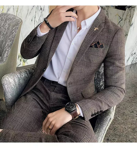 (Blazer + calças) high-end marca formal negócios xadrez terno dos homens noivo vestido de casamento cor sólida palco desempenho smoking S-7XL