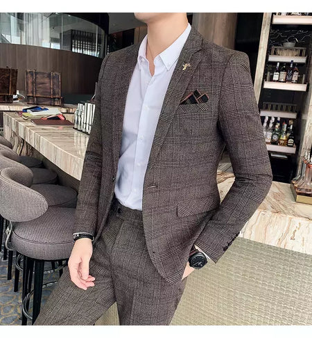 (Blazer + calças) high-end marca formal negócios xadrez terno dos homens noivo vestido de casamento cor sólida palco desempenho smoking S-7XL