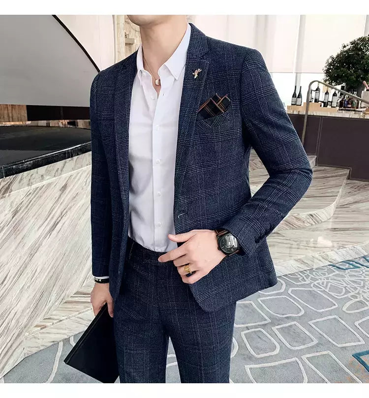(Blazer + calças) high-end marca formal negócios xadrez terno dos homens noivo vestido de casamento cor sólida palco desempenho smoking S-7XL