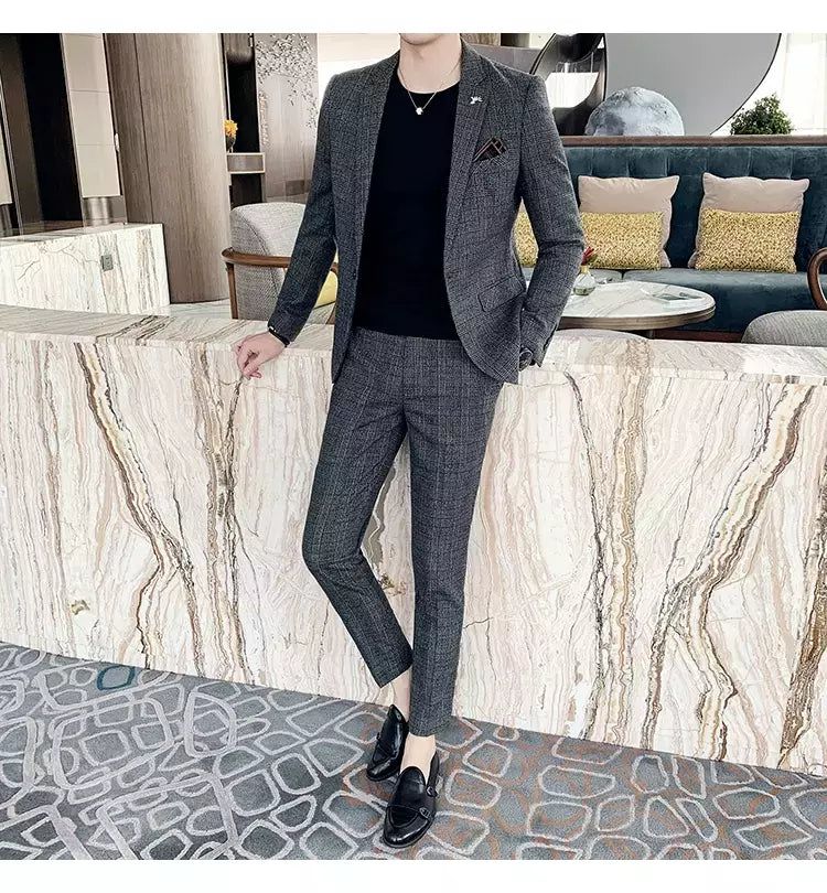 (Blazer + calças) high-end marca formal negócios xadrez terno dos homens noivo vestido de casamento cor sólida palco desempenho smoking S-7XL