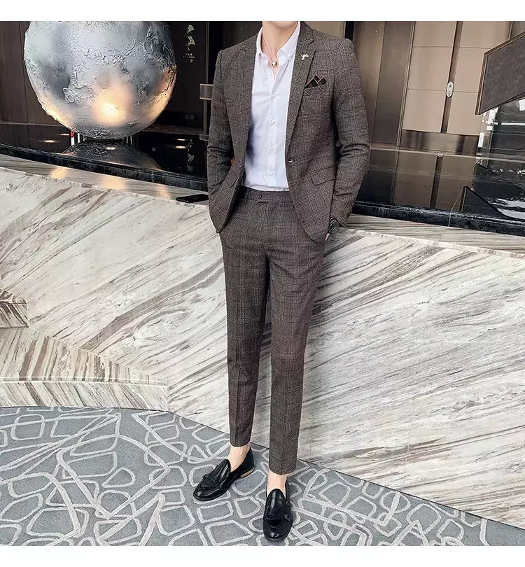 (Blazer + calças) high-end marca formal negócios xadrez terno dos homens noivo vestido de casamento cor sólida palco desempenho smoking S-7XL