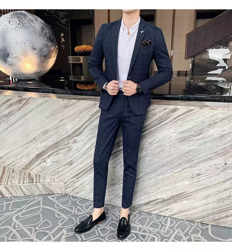 (Blazer + calças) high-end marca formal negócios xadrez terno dos homens noivo vestido de casamento cor sólida palco desempenho smoking S-7XL