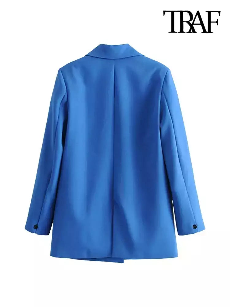 TRAF-Blazer de trespassado feminino, gola entalhada, manga comprida, chique, senhora do escritório, casaco vintage, casacos femininos, tops elegantes, moda