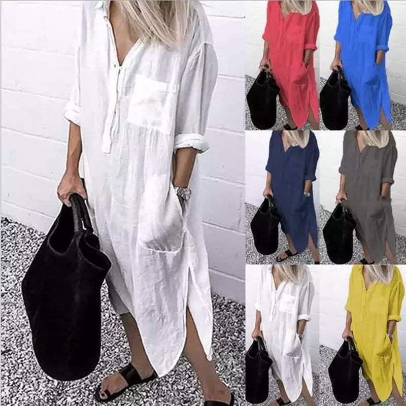Vestido longo de linho de algodão feminino, branco, oversize, casual, simples, cor pura, divisão, praia, verão, elegante, S-4X