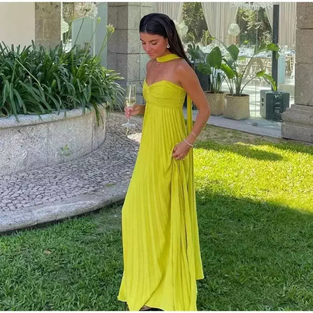 Vestido longo plissado sem alças feminino, Elegante, Sem alças, Fita, Plissado, Sexy, Sem mangas, Sem encosto, Lady, Festa à noite, Novo, Verão, 2022