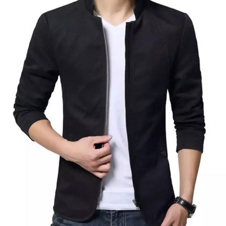 Blazer casual masculino com gola de suporte, jaqueta de negócios elegante, casaco monocromático com bolsos de zíper fino e fino, primavera e outono