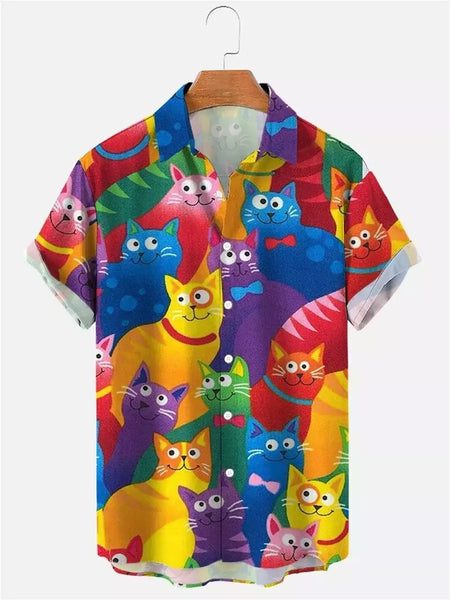 Camisa havaiana dos desenhos animados de anime masculino, Tops de manga curta, roupas casuais masculinas, rua, animais, gatos, retrô, 3D Tees, verão