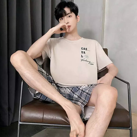 Verão Mens Plus Size Lounge Wear Moda Pijama De Algodão Manga Curta Pj Set Impresso Elegante Xadrez Homewear 3xl 4xl Pijamas