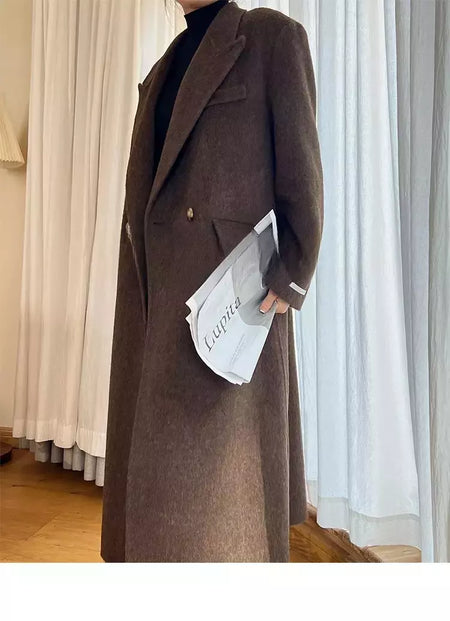 Casaco de alpaca de lã feminino, jaquetas de lã, trespassado duplo, gola de terno, solto, Casacos longos, senhora do escritório, outono, inverno, 2022