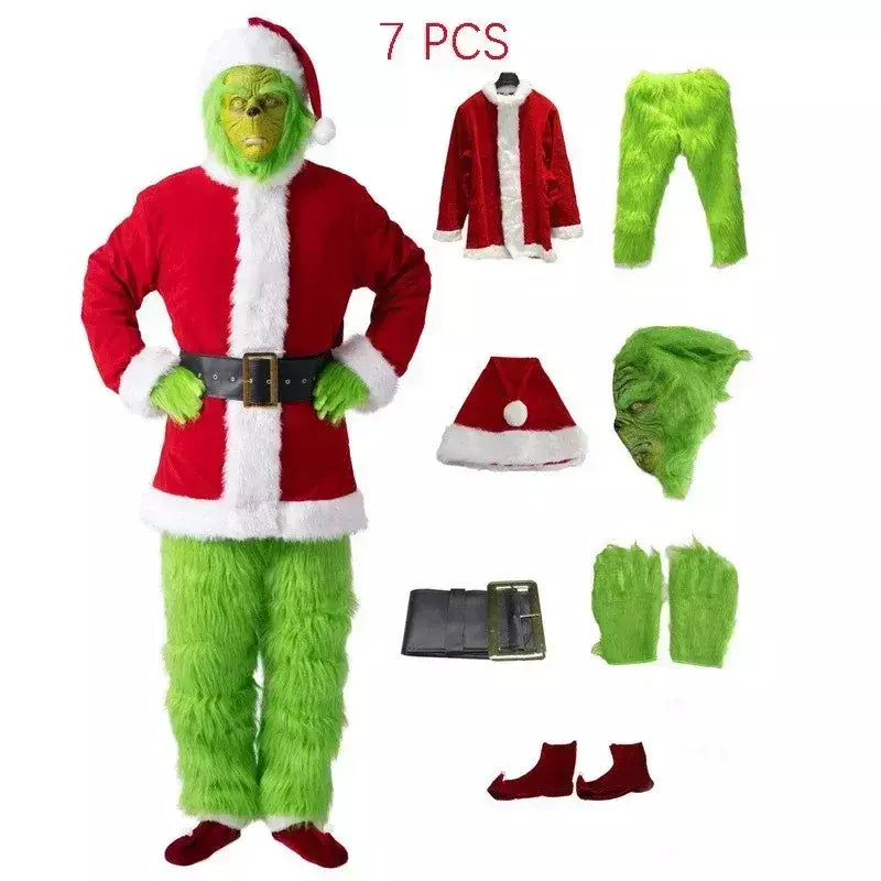Conjunto de fantasia de papai noel, festa de natal, baile, adulto, dramatização, roupa verde, monstro desgrenhado, dia das bruxas, cosplay, luvas, máscara
