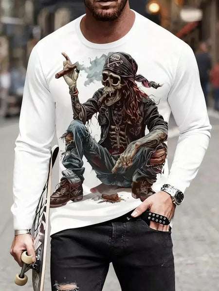 Crânio masculino gráfico t-shirts manga longa esqueleto impressão 3d rua homem t camisa outono o-pescoço casual y2k topo roupas masculinas de grandes dimensões