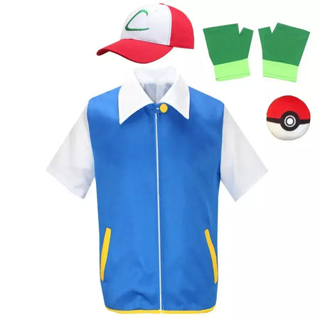 Anime dos desenhos animados cinza ketchum trainer jaqueta azul traje p-pokemoning ir jaqueta azul chapéus luvas para meninos meninas cosplay para festa