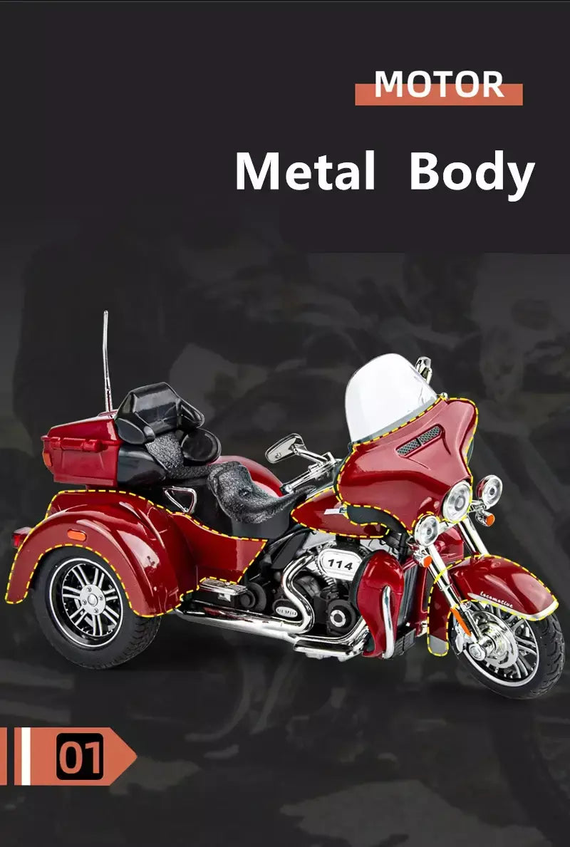 CVO-Tri Glide Alloy Motorcycle Model for Kids, Três Rodas, Cruzeiro, Viagem, Diecast, Lazer na Rua, Luz Sonora, Presente, 1:9
