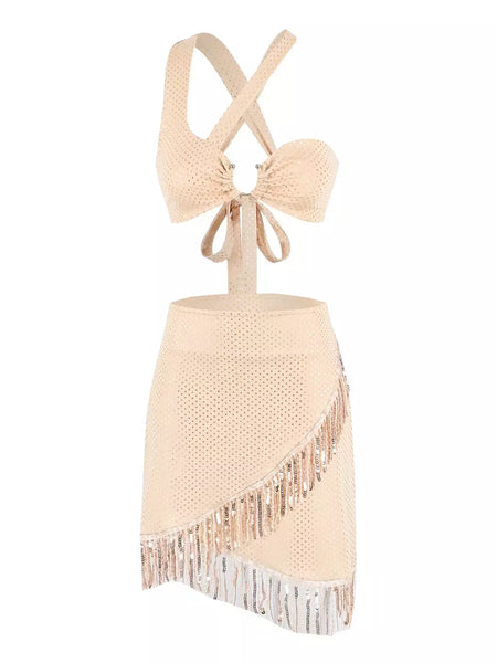 Conjunto sexy de biquíni feminino, sutiã de renda, mini saia, férias de praia, fato de banho feminino casual, 2 peças, verão