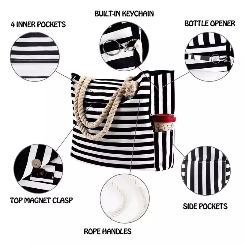 Bolsa casual listrada para mulheres, bolsa de ombro de grande capacidade, sacola de compras diárias, bolsa de praia para viagem escolar