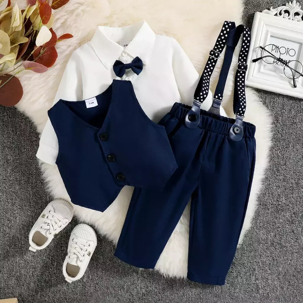 PatPat-Roupas de festa para bebês, gravata borboleta para cavalheiros, camisa de manga comprida, colete sólido com calças suspensoras, 3 peças
