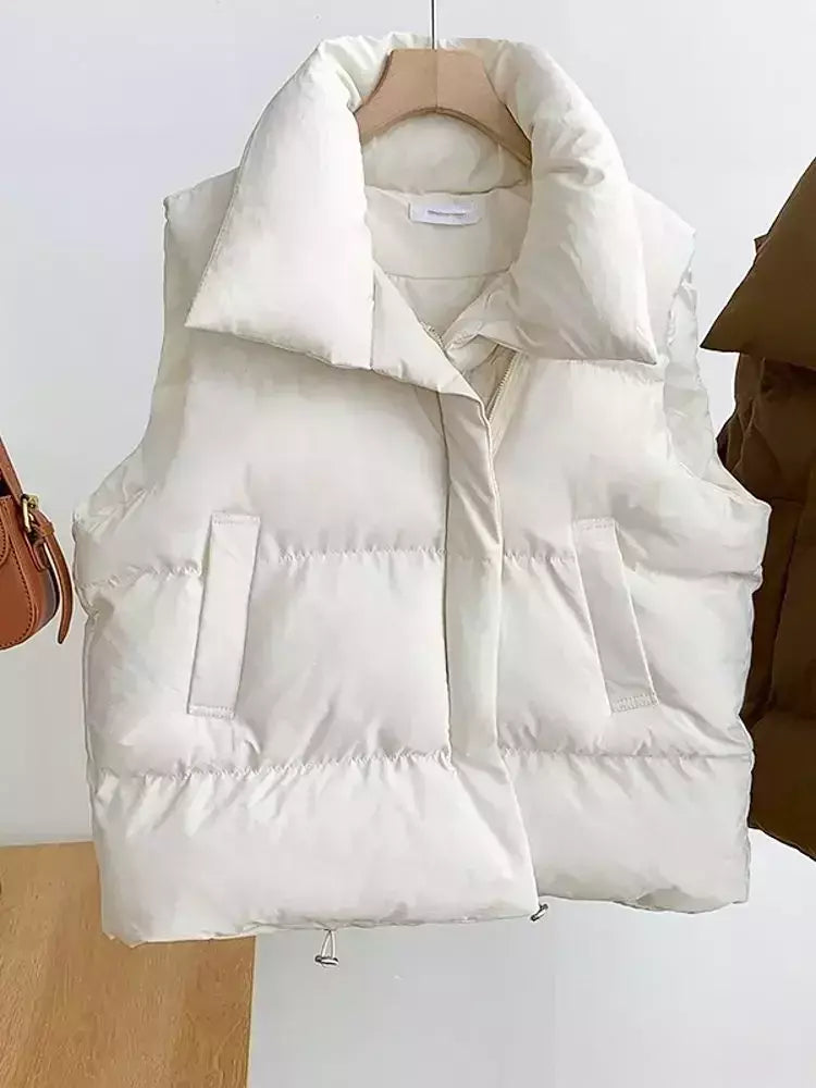 Jaqueta casual grossa solta feminina, casaco com gola simulada, zíper para cima, colete quente sólido, jaqueta puffer, outono, inverno, 2023