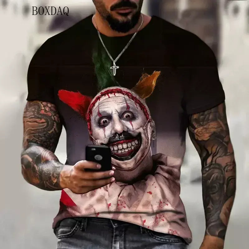 Camiseta masculina de manga curta, solta e casual, com padrão de palhaço aterrorizante, impressa em 3D, tamanho grande 6XL, verão