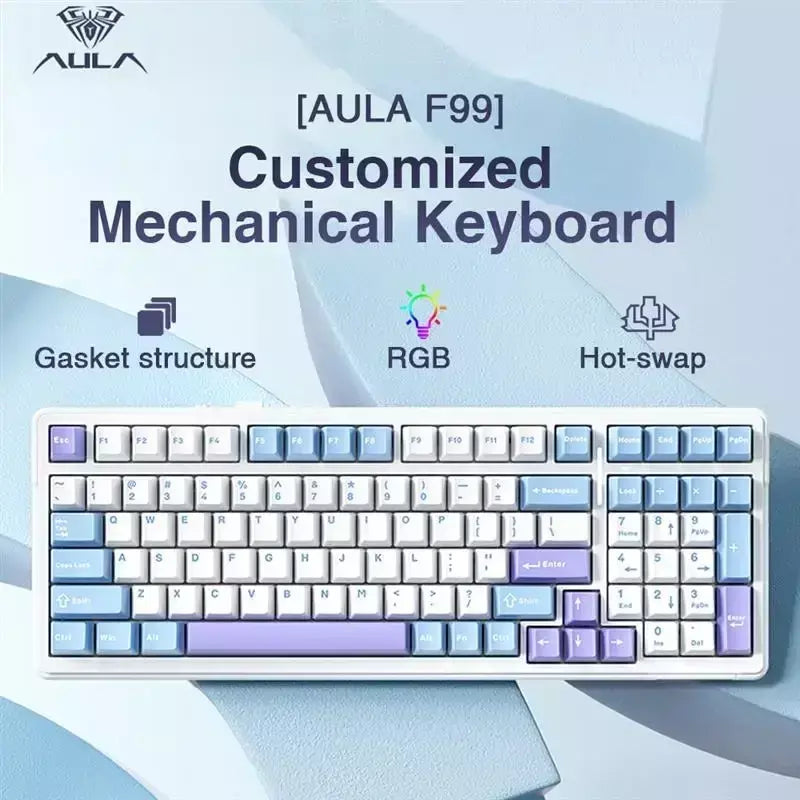 Aula f99 teclado mecânico para jogos, três modos, 2.4g, sem fio, bluetooth, com fio, troca quente, junta pbt, rgb para jogos, digitação, 99 teclas