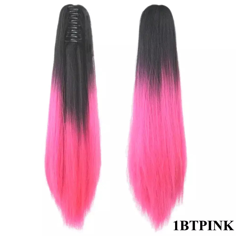 Longo reto sintético rosa ombre extensão do cabelo peruca garra rabo de cavalo pônei fada cauda falso peças de cabelo clipe na peruca
