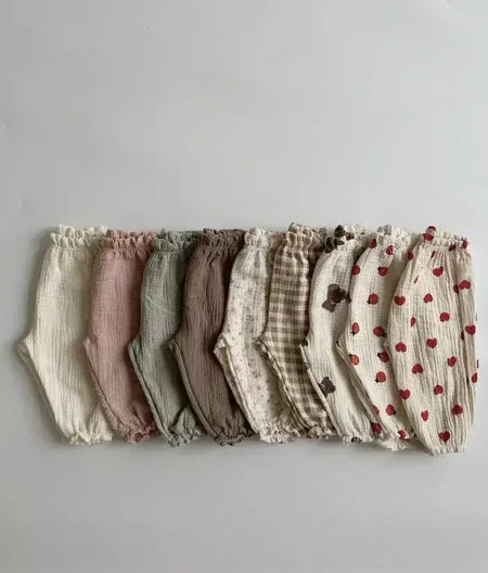 Calças de bebê de algodão orgânico recém-nascidos outono primavera verão inverno bonito impressão macia musselina roupas calças pantalons capris