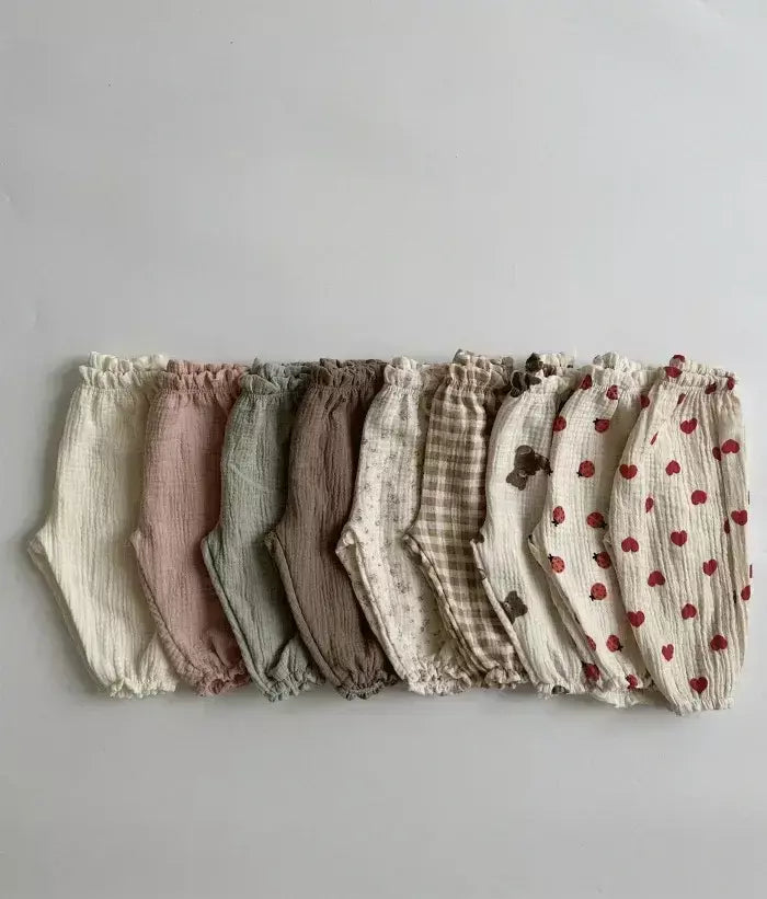 Calças de bebê de algodão orgânico recém-nascidos outono primavera verão inverno bonito impressão macia musselina roupas calças pantalons capris