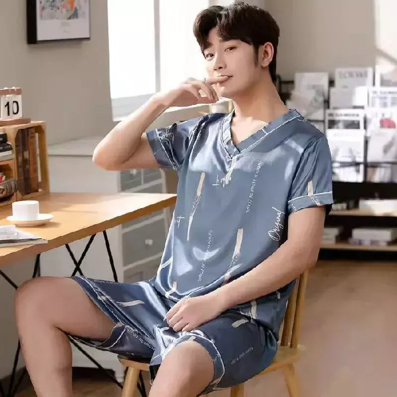 Conjunto de pijama de seda gelo manga curta masculino, pijama casual fino de simulação, tamanho grande, roupa para casa, verão, 2 peças
