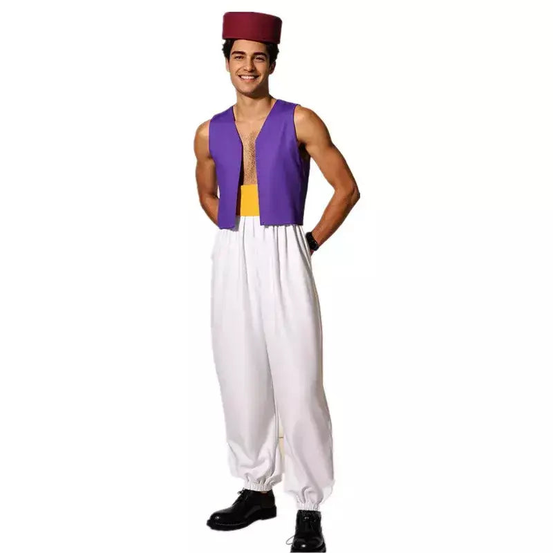 Adulto aladdin príncipe traje nuvens árabes cosplay com cinto e chapéu para festa de halloween desempenho lâmpada de deus vestido de festa
