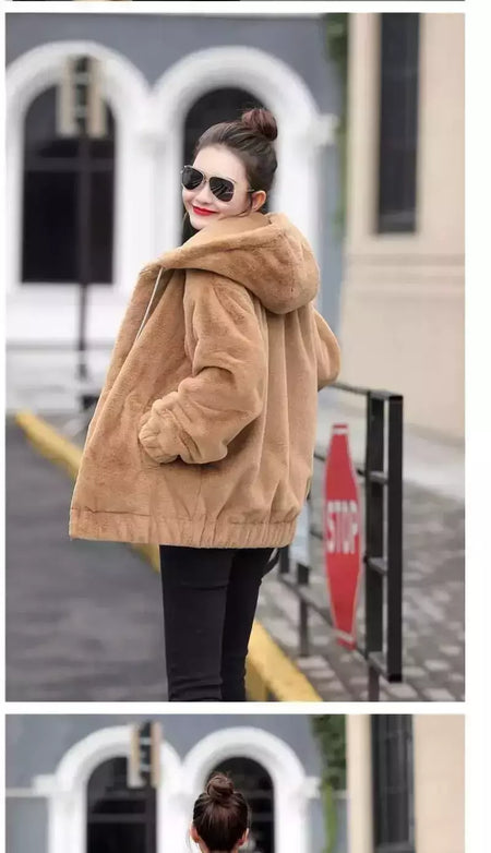 Jaqueta feminina com capuz de flanela forrada a lã, jaqueta curta solta, manga longa quente, comprimento médio, versão coreana, inverno, novo estilo