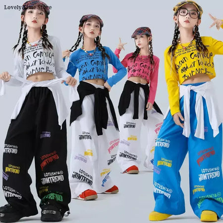 Meninas hip hop letras colheita topo graffiti joggers calças crianças k-pop roupas de dança de rua conjunto crianças menina grupo streetwear traje