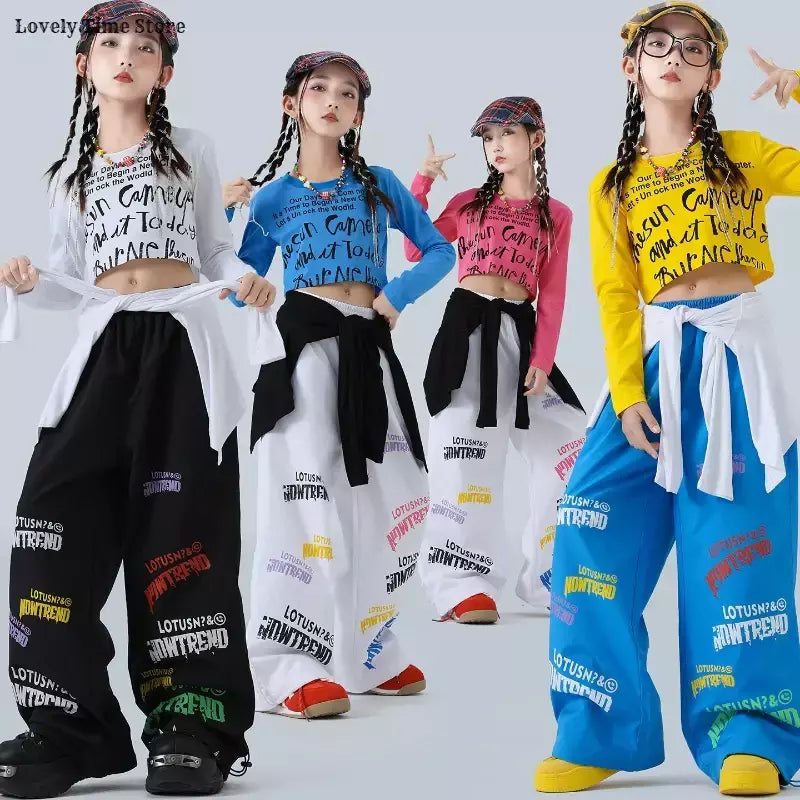 Meninas hip hop letras colheita topo graffiti joggers calças crianças k-pop roupas de dança de rua conjunto crianças menina grupo streetwear traje