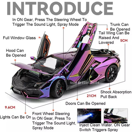 1:24 escala revuelto modelo em miniatura brinquedo carros esportivos liga diecast supercars som luz portas abertas puxar para trás para crianças presentes