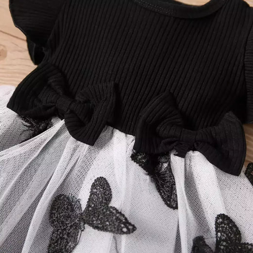 Vestido de Manga Voadora para Bebé Menina, Gola Redonda, Malha Costurada, Moda Casual, Verão, Novo, 0-3 Anos de Idade