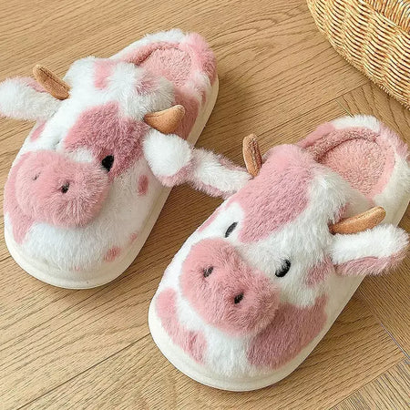 Inverno feminino quente dos desenhos animados chinelos de vaca dedo do pé fechado antiderrapante peludo casa sapatos feminino quarto interior sola grossa chinelos de pelúcia