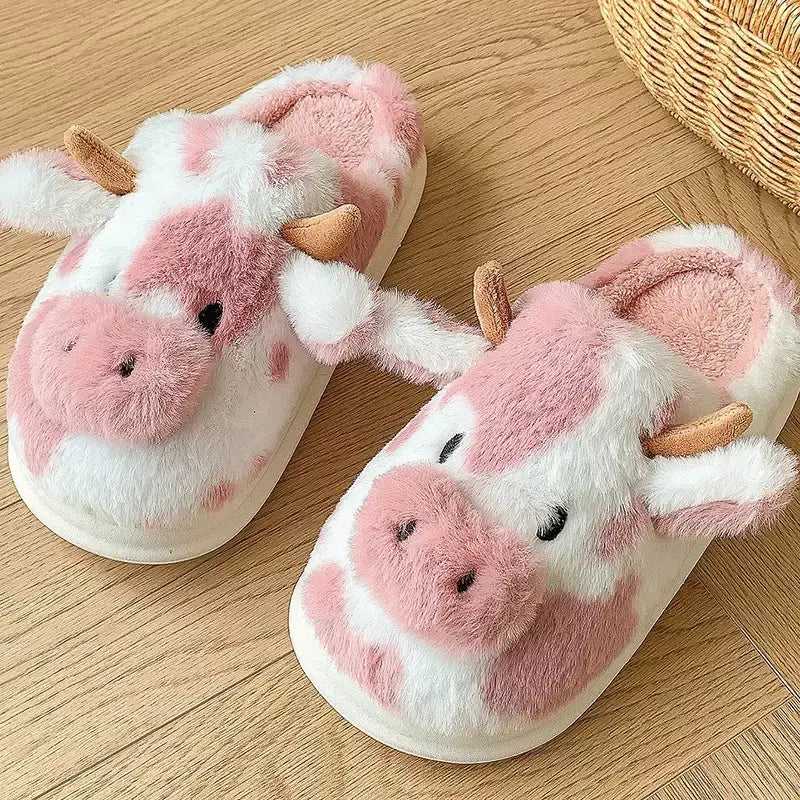 Inverno feminino quente dos desenhos animados chinelos de vaca dedo do pé fechado antiderrapante peludo casa sapatos feminino quarto interior sola grossa chinelos de pelúcia