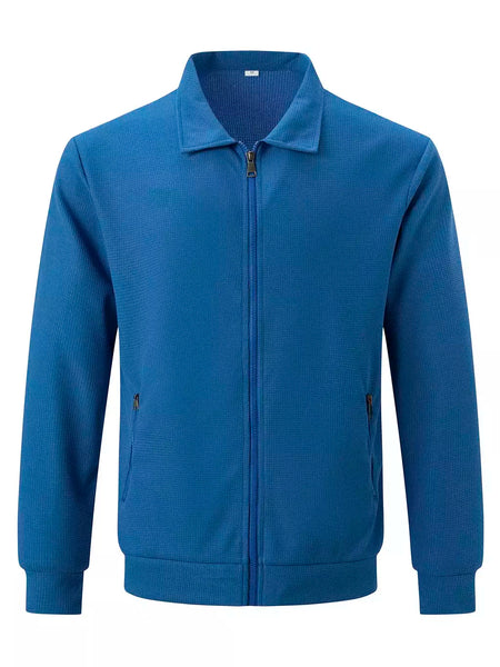 Jaqueta waffle de manga comprida masculina, monocromática, com zíper, bolso, cardigã lapela, gola polo casual, outdoor wear, primavera e outono
