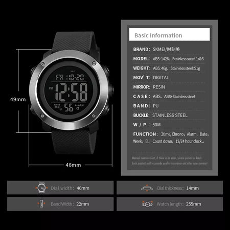 Skmei 1426 montre masculino despertador moda relógio digital relogio masculino esporte relógio masculino marca de luxo 5bar relógios à prova dwaterproof água