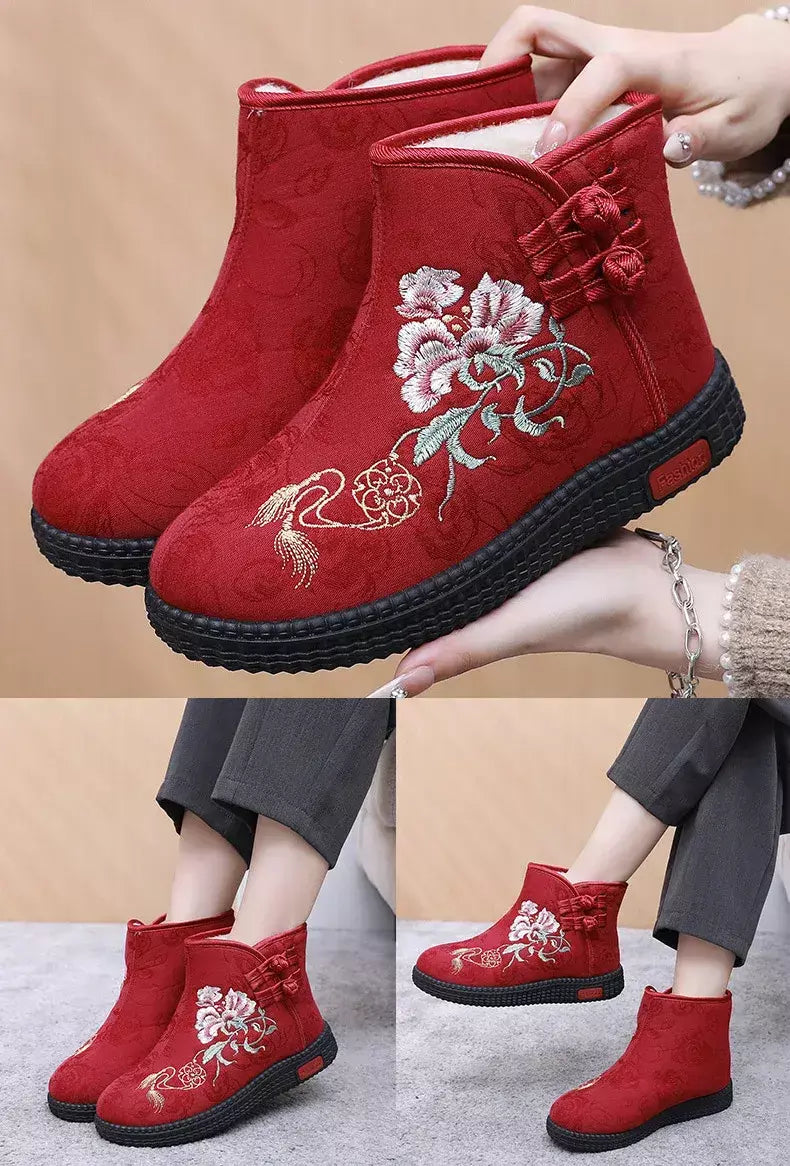 Sapatos de pano de inverno estilo étnico botas mujer sapatos femininos zapatos botas curtas quentes mulher bootie bordado algodão botas femininas