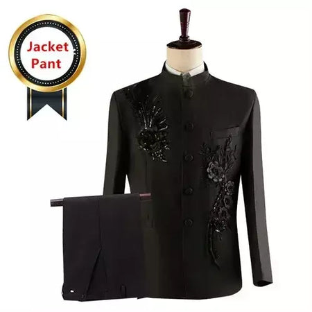 (Jaqueta + calça) moda masculina palco desempenho vestido ternos 2025 novo masculino estilo chinês levante-se colarinho decalque blazer e calças