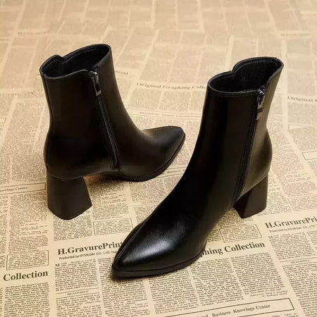 Botas femininas finas e finas estilo britânico, dedo apontado, zíper lateral, preto, nu, novo, primavera e outono, 2024