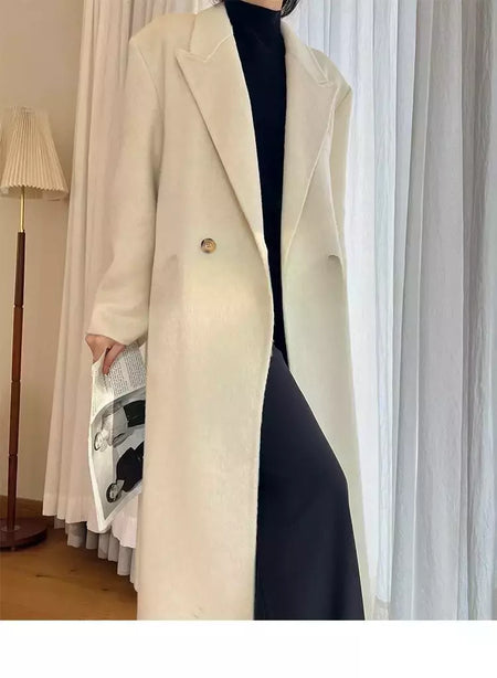 Casaco de alpaca de lã feminino, jaquetas de lã, trespassado duplo, gola de terno, solto, Casacos longos, senhora do escritório, outono, inverno, 2022