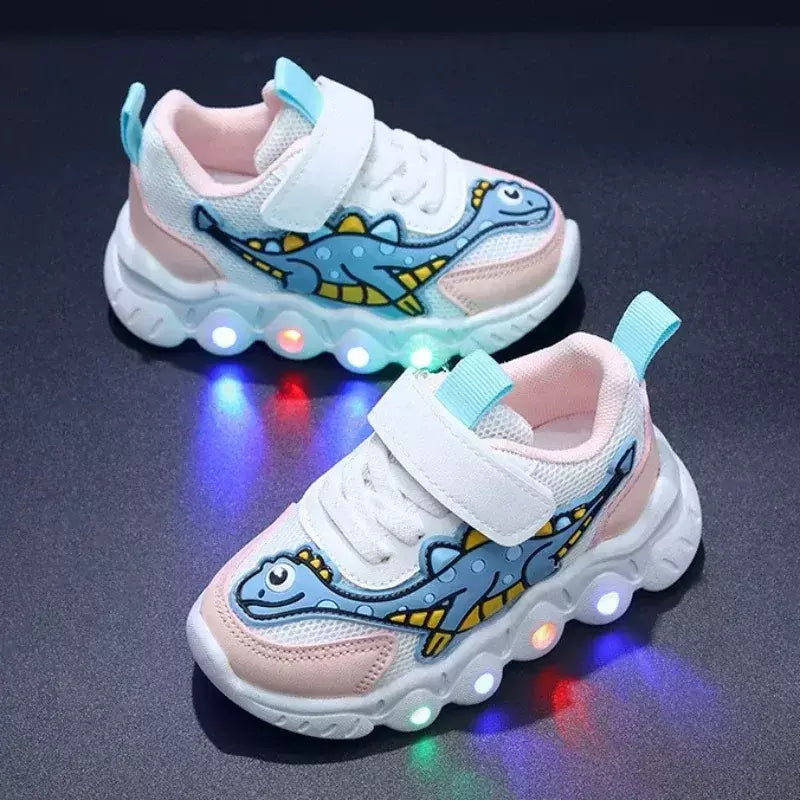 Sapatilhas LED bonitos dos desenhos animados das crianças, sapatos de malha respirável, sapatos iluminados, casual, iluminação, meninos, meninas, bebê